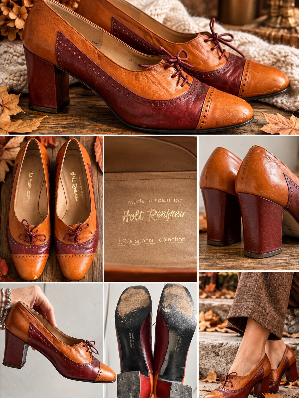 Vintage Holt Renfrew Made in Spain Leather Oxford Heels | Two Tone Brogues